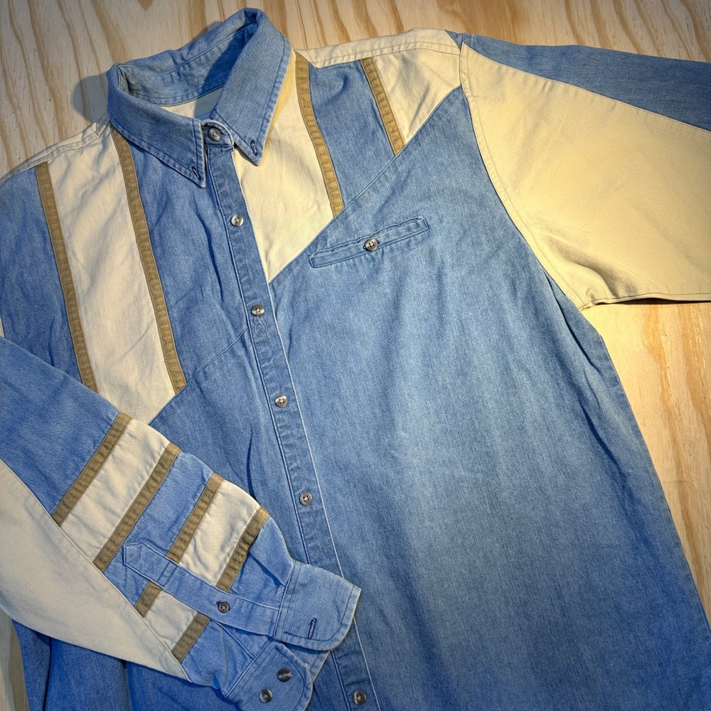 Double A Brand Mens XL Blue Cream Western Colorblock Denim Button Down Shirt